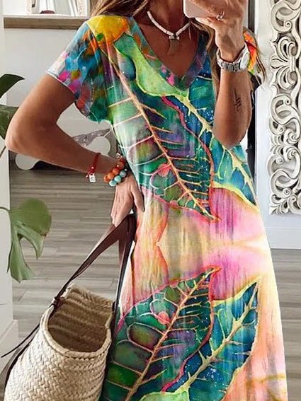 Women's Dresses Multicolor Leaf V-Neck Short Sleeve Slit Dress - MsDressly