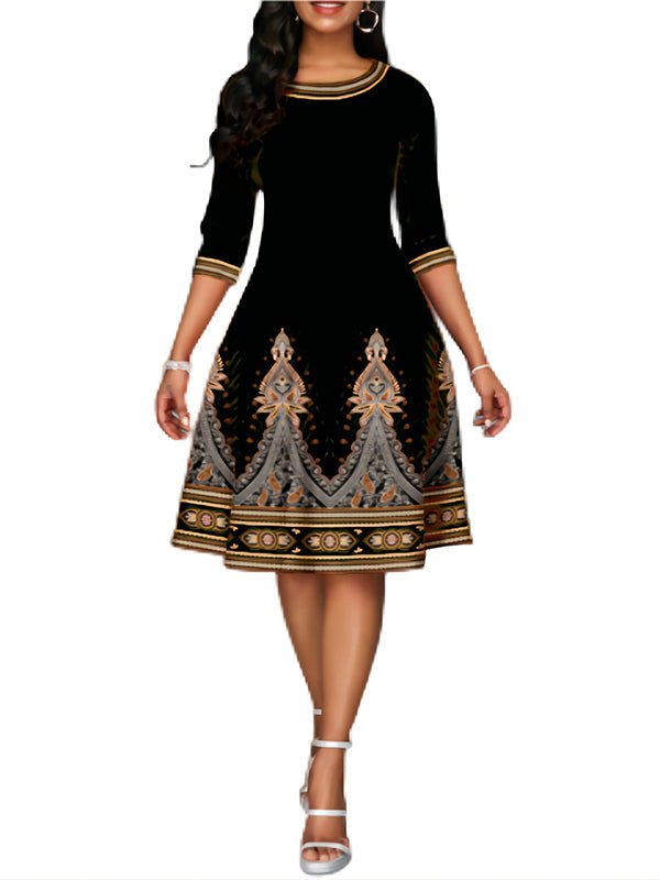 Women's Dresses National Style Printed High Waist Mid Sleeve Midi Dress - MsDressly