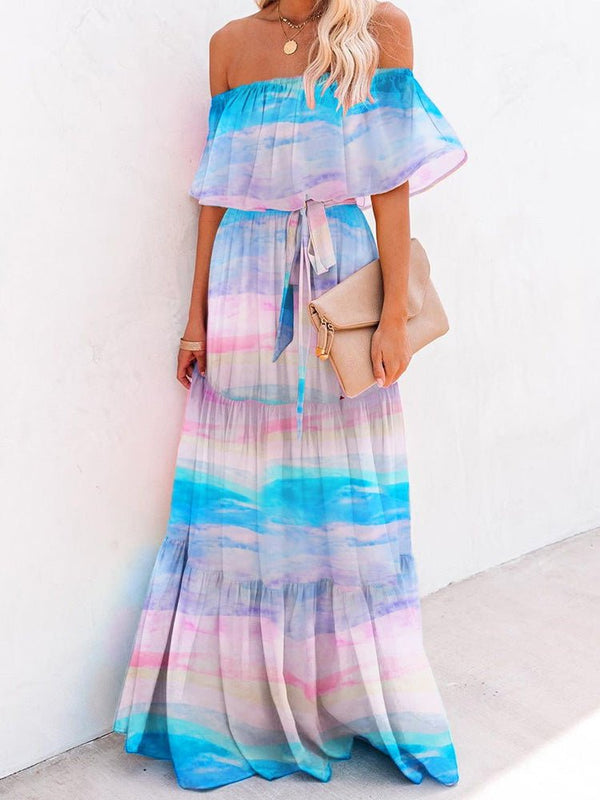 Women's Dresses One-Shoulder Tie-Dye Ruffled Lace-Up Dress - MsDressly