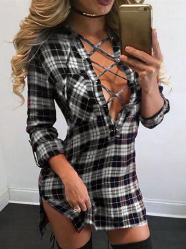 Women's Dresses Plaid Strap Hollow V-neck Slit Midi Dress - Midi Dresses - Instastyled | Online Fashion Free Shipping Clothing, Dresses, Tops, Shoes - 10-20 - -