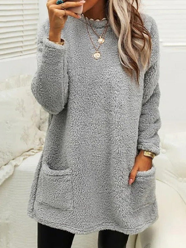 Women's Dresses Plush Crew Neck Pocket Long Sleeve T-Shirt Dress - MsDressly