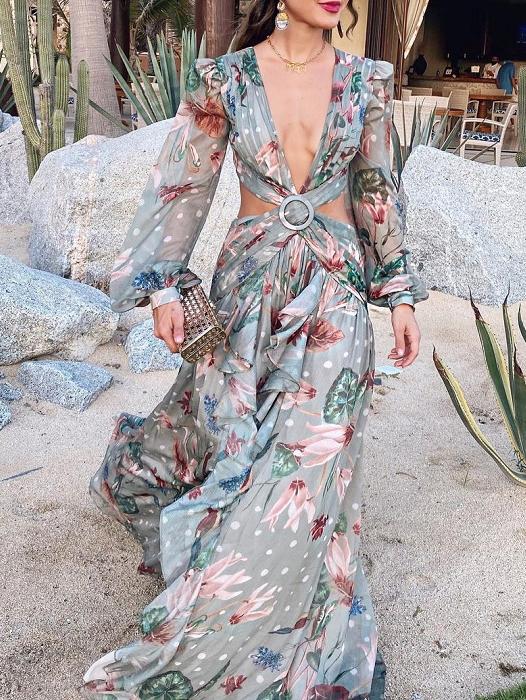 Women's Dresses Printed Deep V-Neck Hollow Lantern Long Sleeve Dress - Maxi Dresses - INS | Online Fashion Free Shipping Clothing, Dresses, Tops, Shoes - 23/11/2021 - 40-50 - color-blue