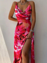 Women's Dresses Printed Sling V-Neck Slit Dress - MsDressly