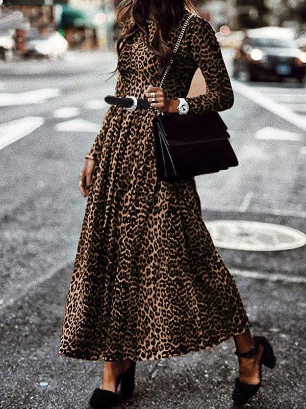 Women's Dresses Retro Leopard Print Round Neck Long Sleeve Dress - MsDressly