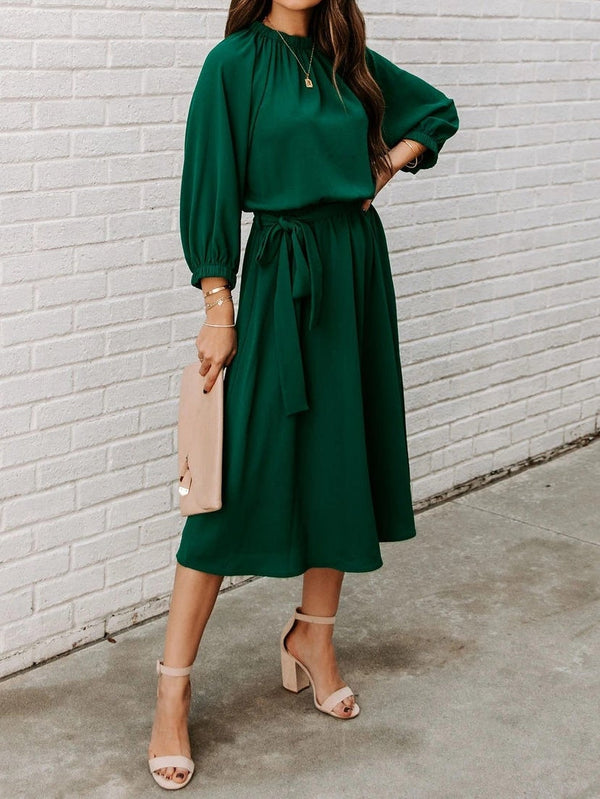 Women's Dresses Round Neck Belted Long Sleeve Dress - MsDressly