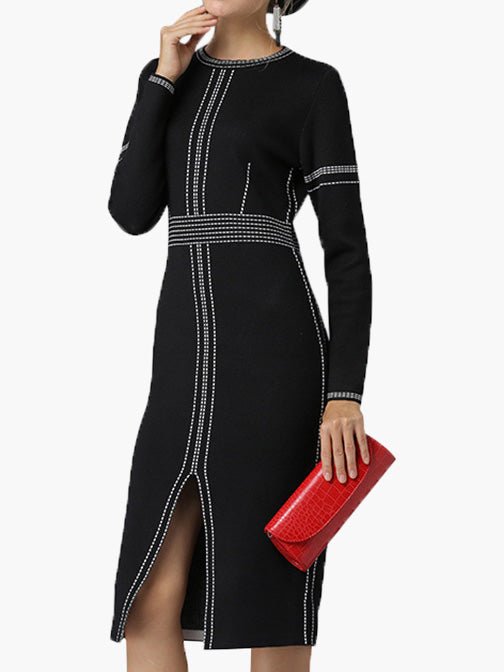 Women's Dresses Round Neck Long Sleeve Slim Fit Slit Dress - MsDressly