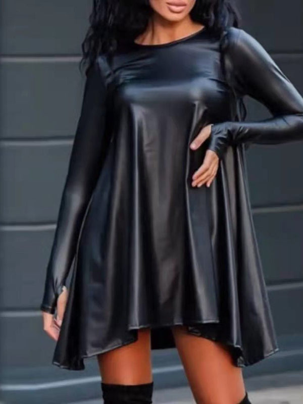Women's Dresses Round Neck PU Leather Long Sleeve Dress - Mini Dresses - Instastyled | Online Fashion Free Shipping Clothing, Dresses, Tops, Shoes - 29/09/2022 - 30-40 - casual-dresses
