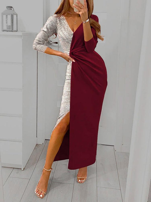 Women's Dresses Sequin Stitching V-Neck Long Sleeve Split Dress - MsDressly