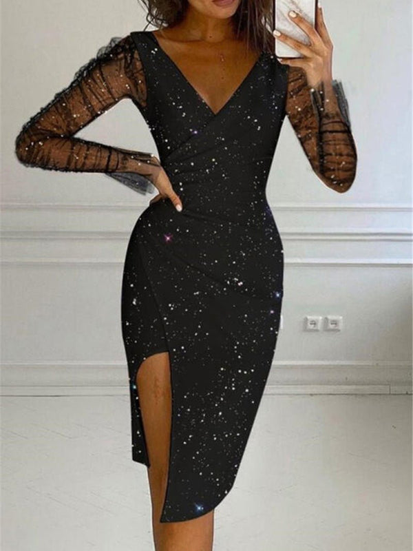 Women's Dresses Sequin V-Neck Mesh Long Sleeve Dress - Midi Dresses - Instastyled | Online Fashion Free Shipping Clothing, Dresses, Tops, Shoes - 21/09/2022 - Bodycon Dresses - Color_Black