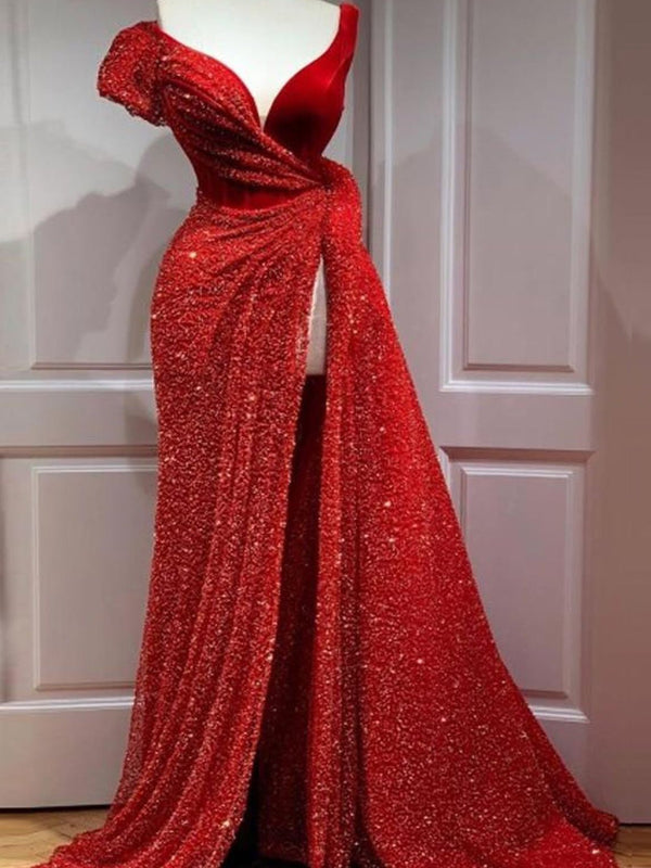 Women's Dresses Sequin V-Neck Slit Evening Dress - Maxi Dresses - Instastyled | Online Fashion Free Shipping Clothing, Dresses, Tops, Shoes - 10/08/2022 - color-red - Color_Red