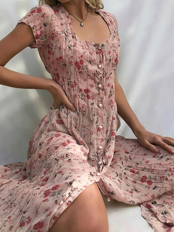 Women's Dresses Single Breasted Floral Short Sleeve Dress