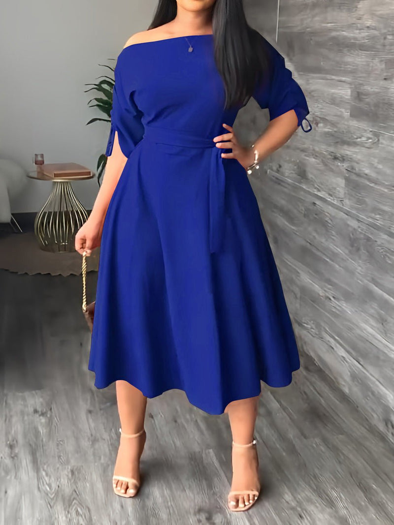 Women's Dresses Sloping Shoulder Tie Mid Sleeve Dress - MsDressly