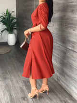 Women's Dresses Sloping Shoulder Tie Mid Sleeve Dress - MsDressly