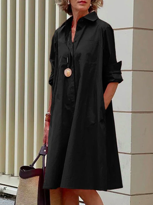 Women's Dresses Solid Simple Pocket Long Sleeve Shirt Dress - Midi Dresses - Instastyled | Online Fashion Free Shipping Clothing, Dresses, Tops, Shoes - 29/09/2022 - Casual Dresses - Color_Black