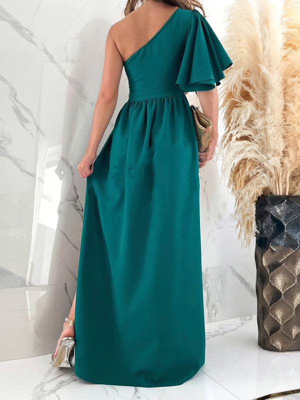 Women's Dresses Solid Sloping Shoulder Slit Dress