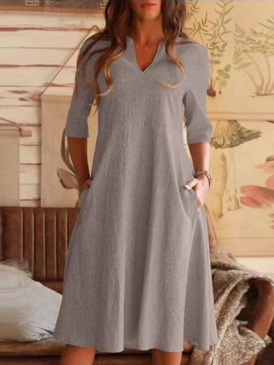 Women's Dresses Solid V-Neck Pocket Mid-Sleeve Dress - Midi Dresses - Instastyled | Online Fashion Free Shipping Clothing, Dresses, Tops, Shoes - 03/12/2021 - 20-30 - Casual Dresses