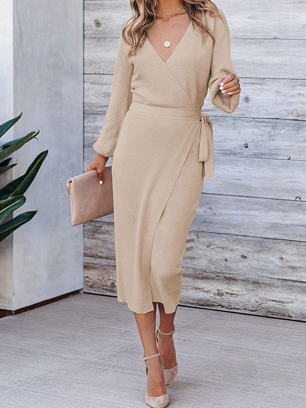 Women's Dresses Solid V-Neck Tie Long Sleeve Knit Dress - Maxi Dresses - Instastyled | Online Fashion Free Shipping Clothing, Dresses, Tops, Shoes - 16/08/2022 - 30-40 - color-black