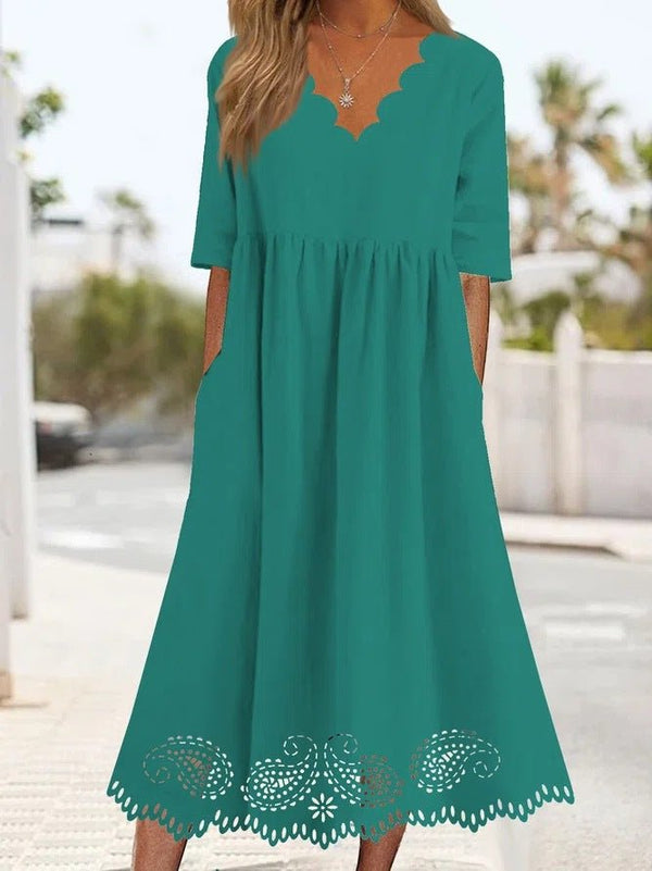 Women's Dresses Solid Wave Neck Lace Panel Pocket Casual Dress - MsDressly