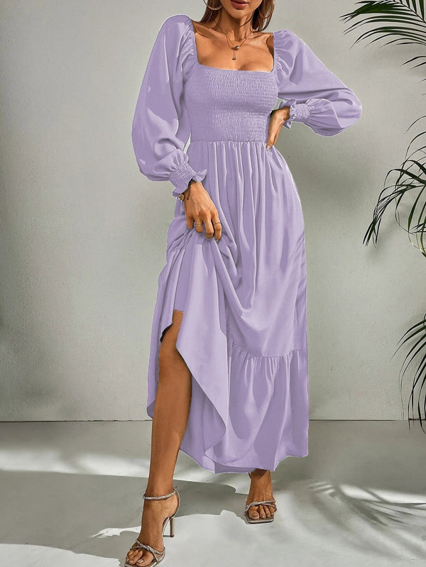 Women's Dresses Square Neck High Waist Long Sleeve Ruffle Dress - MsDressly