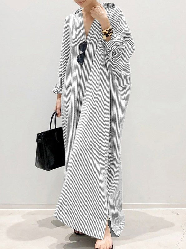 Women's Dresses Striped Long Sleeve Slit Irregular Dress - MsDressly