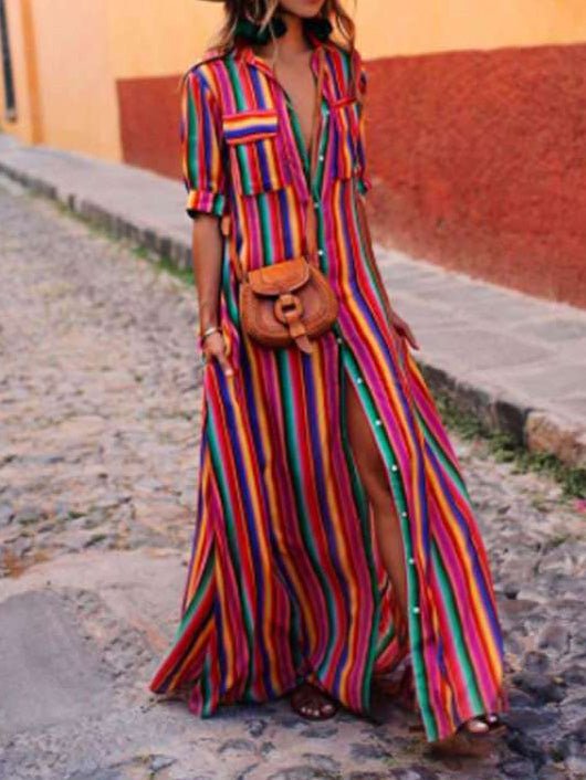 Women's Dresses Striped Print Button Shirt Dress - Maxi Dresses - Instastyled | Online Fashion Free Shipping Clothing, Dresses, Tops, Shoes - 29/07/2022 - 30-40 - casual-dresses