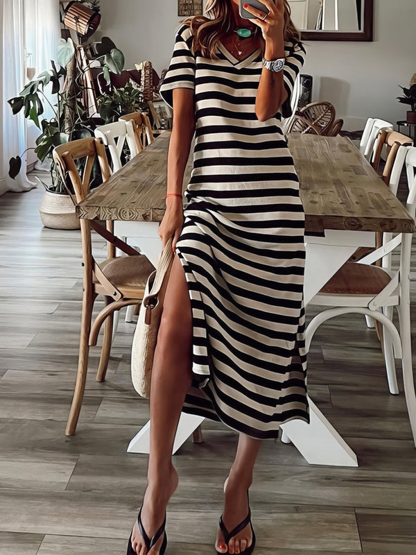 Women's Dresses Striped Print V-Neck Short Sleeve Slit Dress