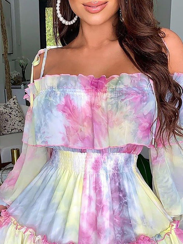 Women's Dresses Tie-Dye Print One-Shoulder Elastic Waist Dress - Mini Dresses - Instastyled | Online Fashion Free Shipping Clothing, Dresses, Tops, Shoes - 03/08/2022 - Color_Multicolor - DRE2208035007