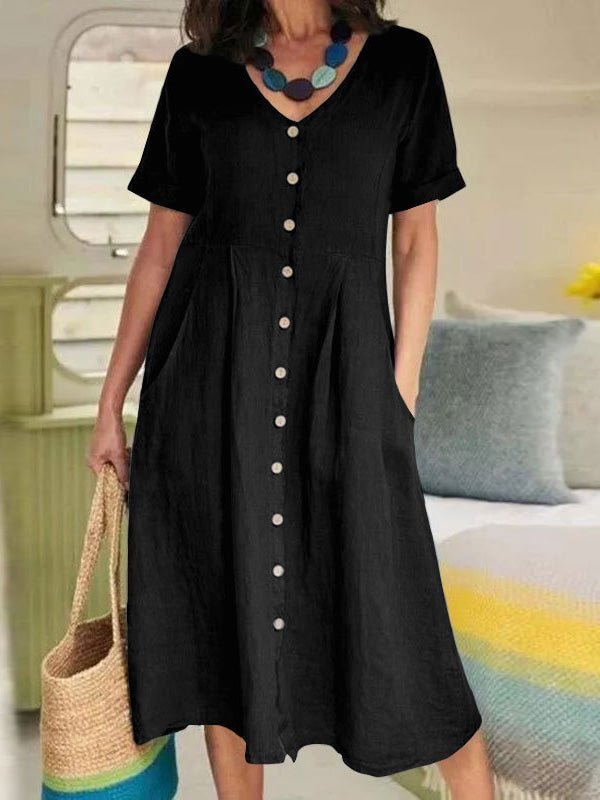 Women's Dresses V-Neck Button Short Sleeve Casual Dress - Midi Dresses - Instastyled | Online Fashion Free Shipping Clothing, Dresses, Tops, Shoes - 20/06/2022 - 30-40 - Casual Dresses