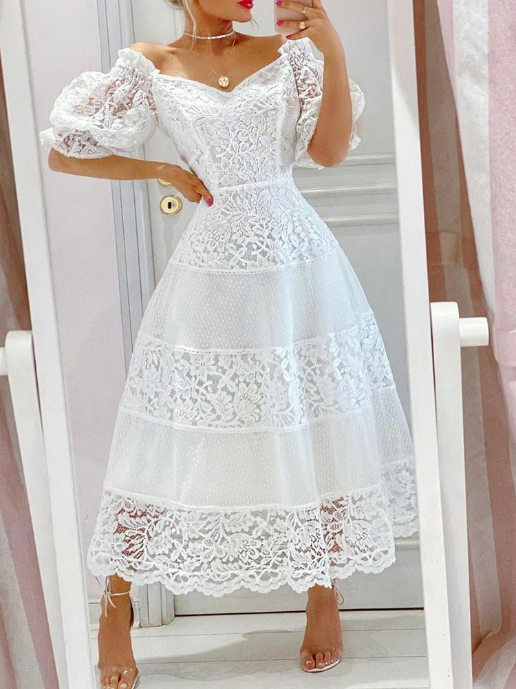 Women's Dresses V-Neck Lace Puff Sleeve Dress White / 2XL