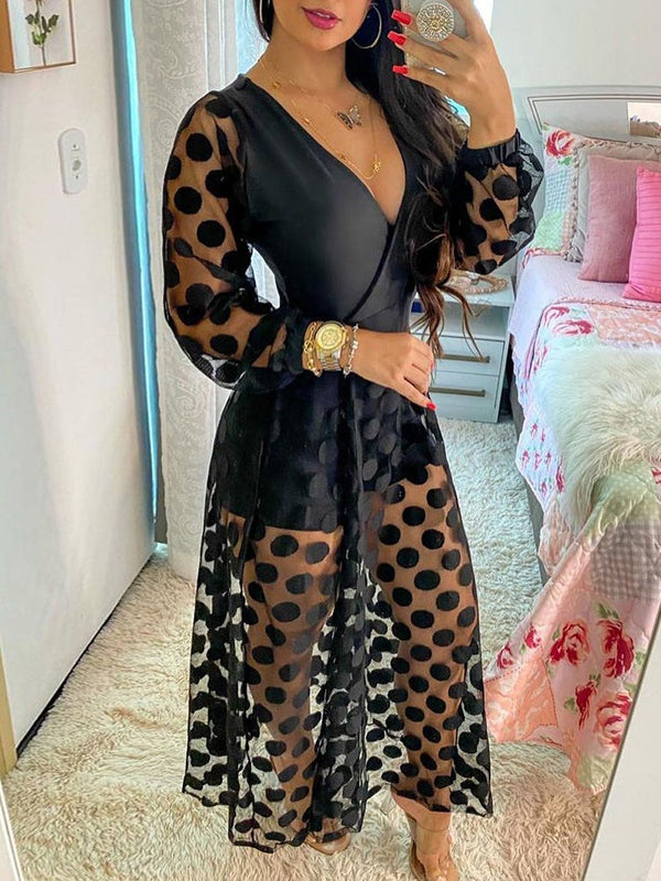 Women's Dresses V-Neck Mesh Polka Dot Long Sleeve Dress - Maxi Dresses - Instastyled | Online Fashion Free Shipping Clothing, Dresses, Tops, Shoes - 25/12/2021 - color-black - color-red