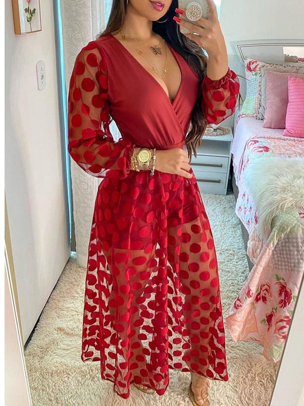 Women's Dresses V-Neck Mesh Polka Dot Long Sleeve Dress - Maxi Dresses - Instastyled | Online Fashion Free Shipping Clothing, Dresses, Tops, Shoes - 25/12/2021 - color-black - color-red