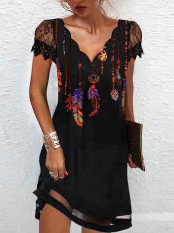 Women's Dresses V-Neck Printed Feather Lace Short Sleeve Dress - Mini Dresses - Instastyled | Online Fashion Free Shipping Clothing, Dresses, Tops, Shoes - 29/12/2021 - 30-40 - color-black