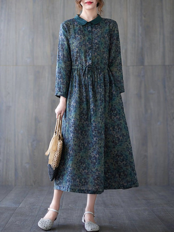 Women's Dresses Vintage Print Button Elastic Waist Long Sleeve Dress - MsDressly