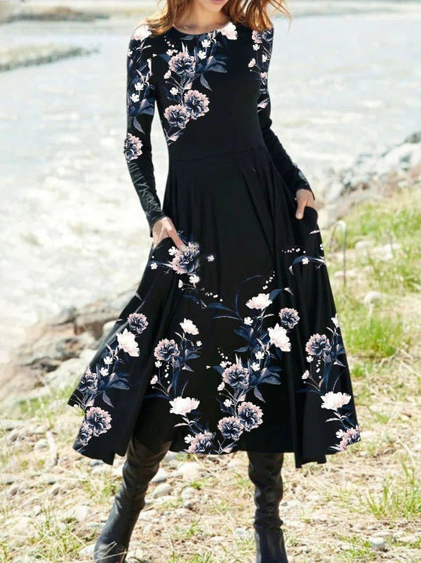 Women's Dresses Vintage Print Pocket Long Sleeve Dress - MsDressly