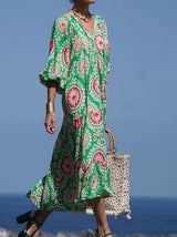 Women's Dresses Vintage Print Puff Sleeve Maxi Dress - MsDressly