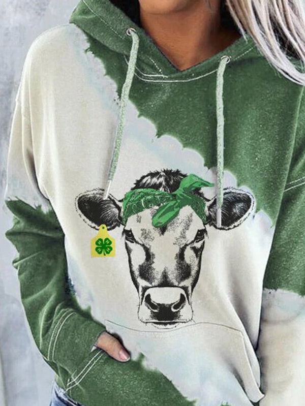 Women's Hoodies Cow Print Pocket Long Sleeve Hoody - MsDressly