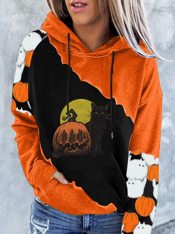 Women's Hoodies Pumpkin Cat Print Pocket Long-Sleeve Hoody - Hoodies - Instastyled | Online Fashion Free Shipping Clothing, Dresses, Tops, Shoes - 15/09/2022 - Color_Black - Color_Orange