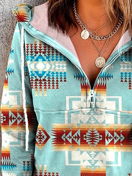 Women's Hoodies Vintage Print Half-Zip Long Sleeve Hoody - MsDressly