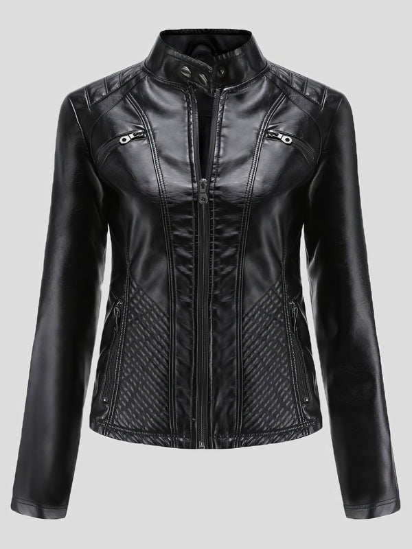 Women's Jackets Casual Stand-Collar Slim Solid Leather Jacket