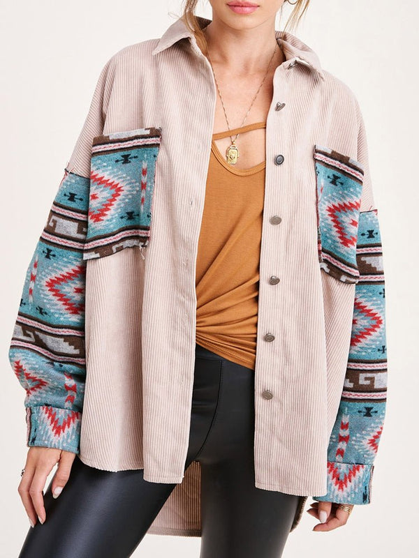 Women's Jackets Panel Long Sleeve Printed Corduroy Jacket - MsDressly