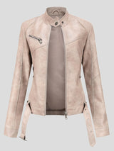 Women's Jackets Stand-Up Collar Slim Belt Leather Jacket