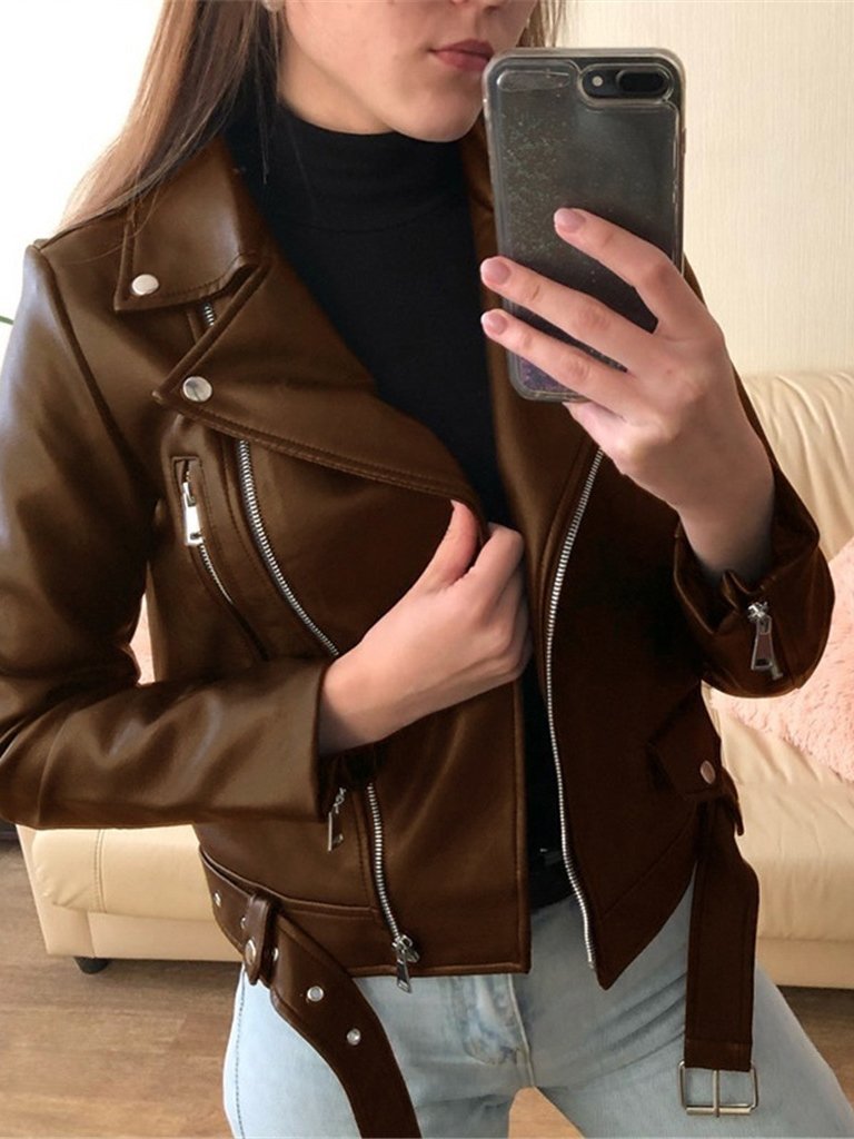 Women's Jackets Zipper Long Sleeve PU Skinny Leather Jacket - Coats & Jackets - INS | Online Fashion Free Shipping Clothing, Dresses, Tops, Shoes - 28/10/2021 - 40-50 - Coats & Jackets