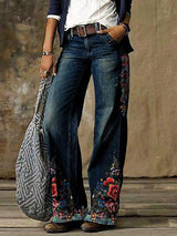 Women's Jeans Casual Floral Print Pocket Wide-Leg Jeans