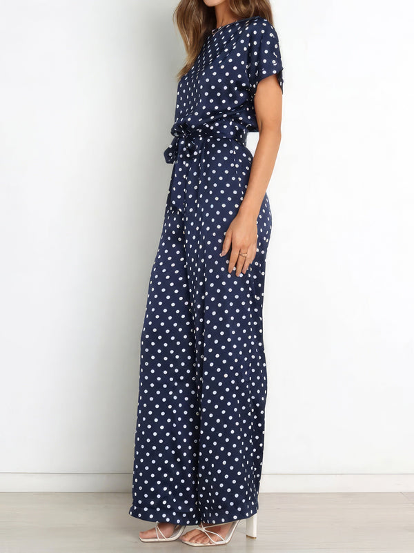 Women's Jumpsuits Polka Dot Print Belted Short Sleeve Jumpsuit