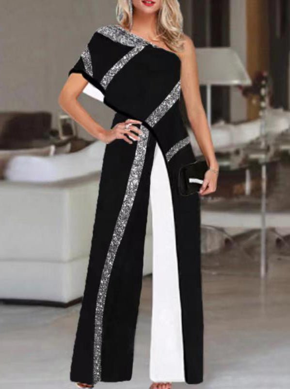 Women's Jumpsuits Sequined One-Shoulder Wide-Leg Jumpsuit - Jumpsuits - Instastyled | Online Fashion Free Shipping Clothing, Dresses, Tops, Shoes - 02/08/2022 - 40-50 - bottoms