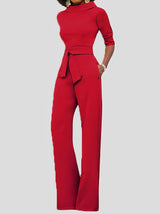 Women's Jumpsuits Solid Five-Point Sleeve Belted Wide-Leg Jumpsuit