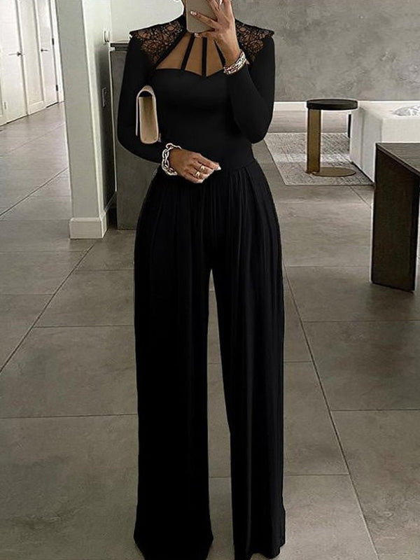Women's Jumpsuits Solid Lace Panel Long Sleeve Wide Leg Jumpsuit - Jumpsuits - Instastyled | Online Fashion Free Shipping Clothing, Dresses, Tops, Shoes - 11/07/2022 - 40-50 - Bottoms
