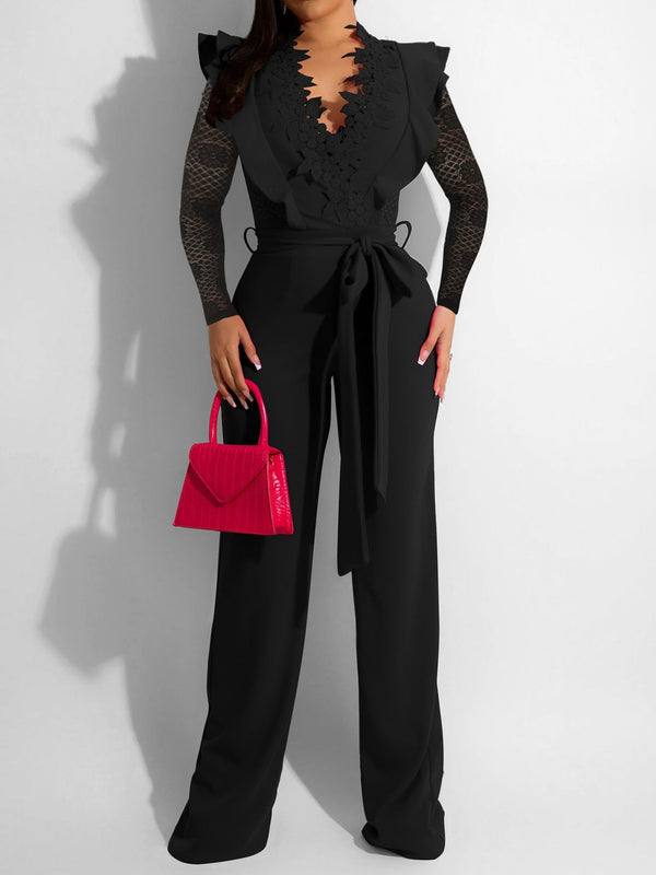 Women's Jumpsuits V-Neck Lace Sheer Long Sleeve Slim Fit Jumpsuit - Jumpsuits - Instastyled | Online Fashion Free Shipping Clothing, Dresses, Tops, Shoes - 15/09/2022 - Bottoms - Color_Black