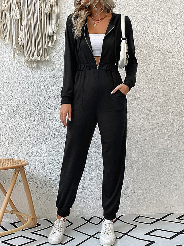 Women's Jumpsuits Zip Long Sleeve Hooded Casual Jumpsuit - Jumpsuits - Instastyled | Online Fashion Free Shipping Clothing, Dresses, Tops, Shoes - 15/10/2022 - bottoms - color-black