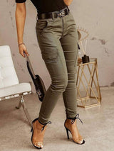 Women's Pants Low Waist Buttoned Solid Color Leggings